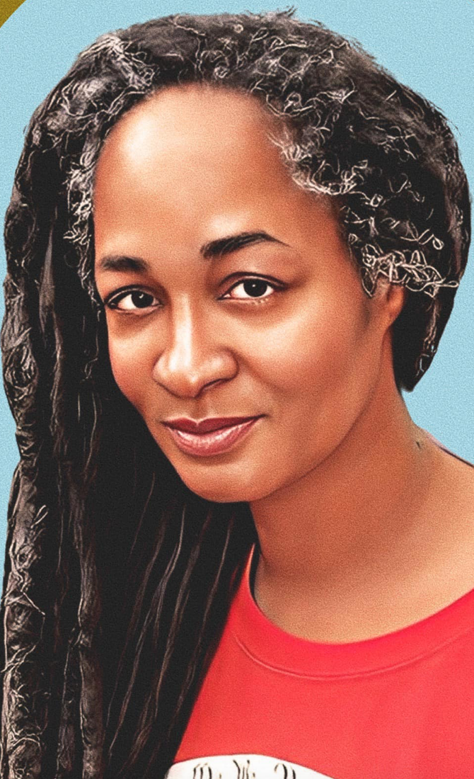 Photo-style profile drawing of Black woman with caramel color skin, long locs with flecks of gray wearing a red t-shirt.
